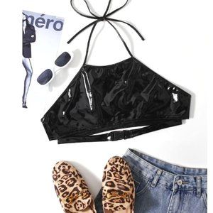 SHEIN PU  Leather Buckle Halter Bralette 4X